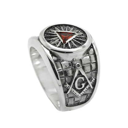 Masonic Pyramid, Eye of Providence, Freemasonry Silver Ring with Triangle Gemstone