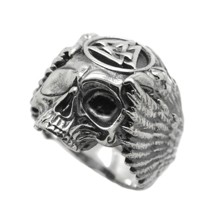 Valknut with Ravens Skull, Viking Odin Ring, Mens Sterling Silver Ring