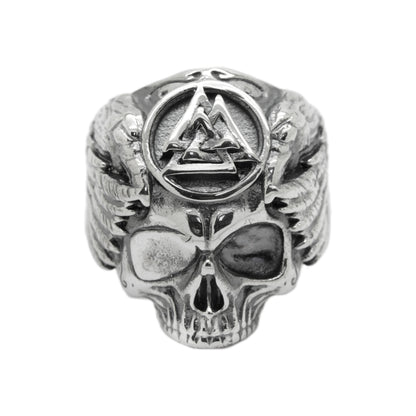 Valknut with Ravens Skull, Viking Odin Ring, Mens Sterling Silver Ring