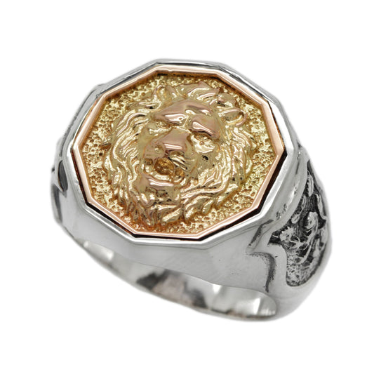 Gold Lion Top Mens Signet Ring Sterling Silver with Shields on the Sides