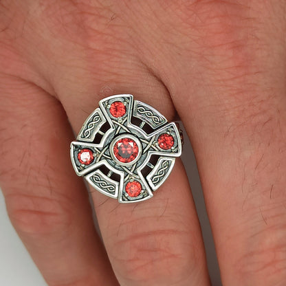 Irisches Wikinger-Keltisches Kreuz mit Zirkonen, Edelsteinen, Sterlingsilber, Unisex-Ring-Siegel