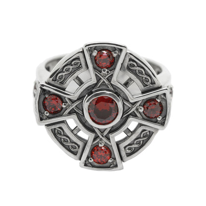 Irisches Wikinger-Keltisches Kreuz mit Zirkonen, Edelsteinen, Sterlingsilber, Unisex-Ring-Siegel