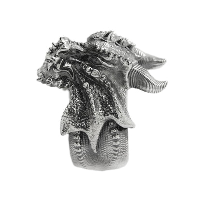 Lucky Feng Shui Celestial Water Dragon Amulet Mens Blacked Silver Ring