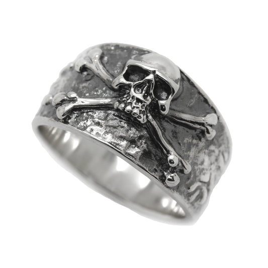 Ein riesiger Totenkopf- und Knochenband-Silberring für Herren, Jolly Roger-Piratenring für Herren