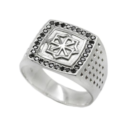 Slovanský pohanský čarodějnický amulet Molvinets pánský prsten stříbrný 925 černé zirkony
