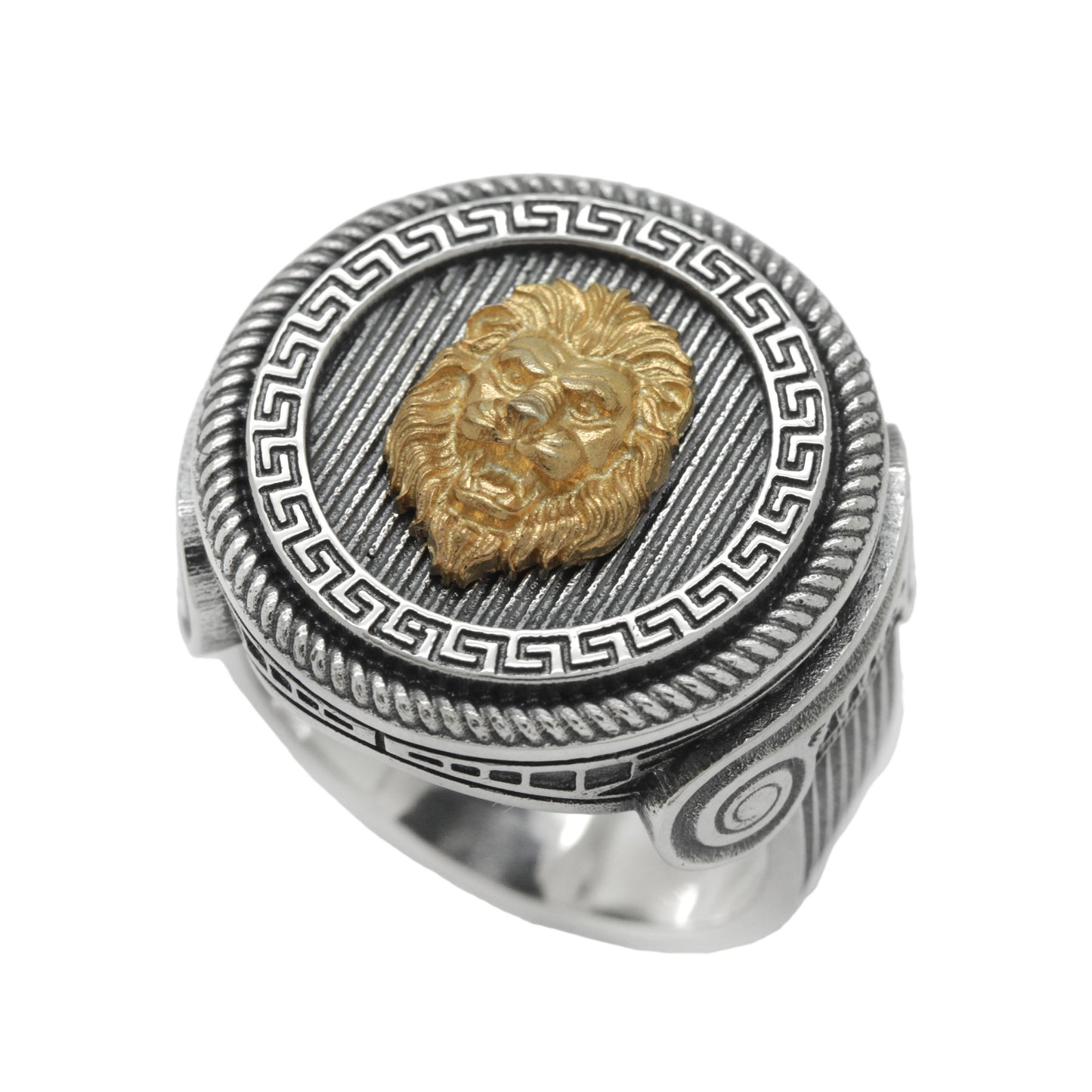 Gold Lion Head with Greek Meander Round Top, Sterling Silver Mens Ring Signet