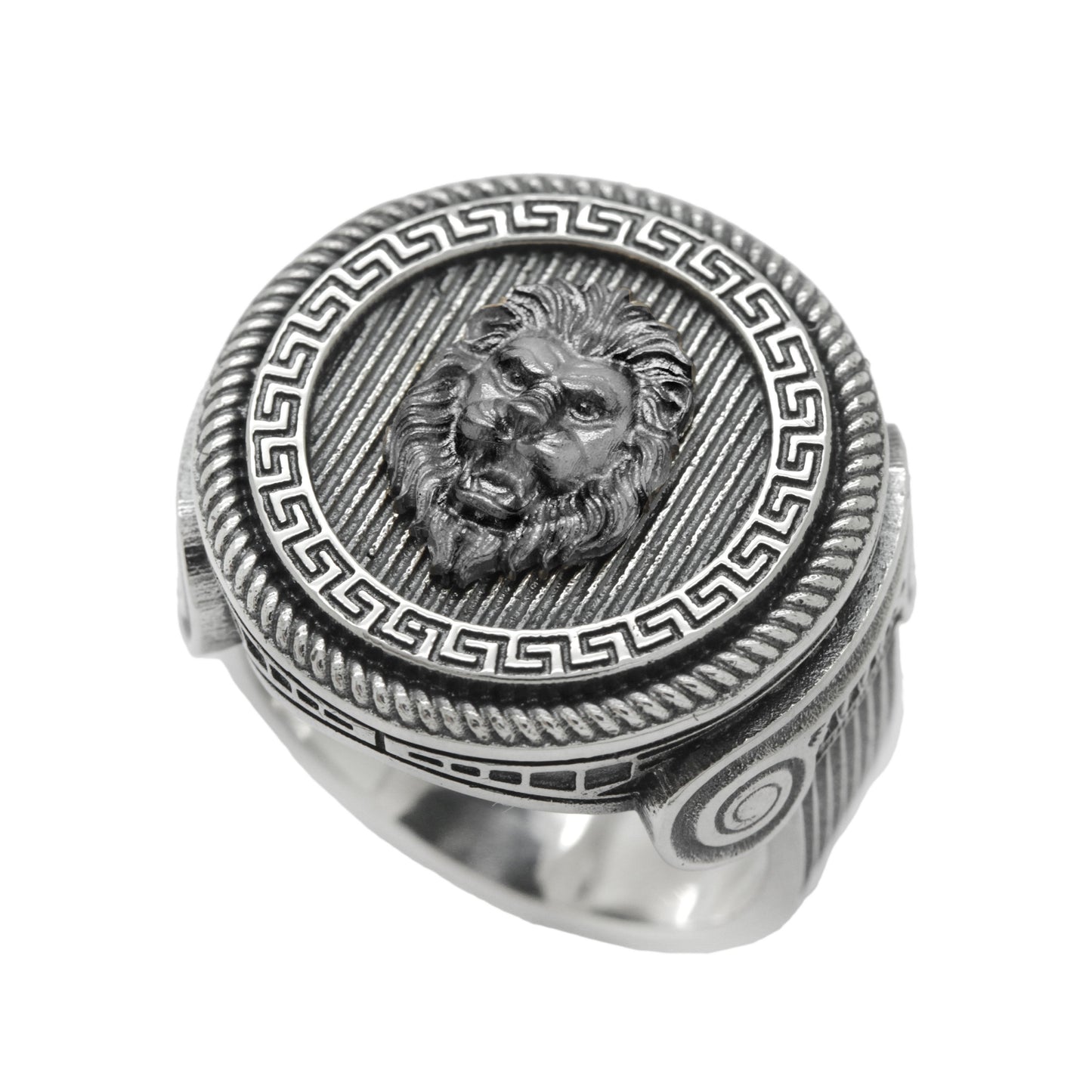 Gold Lion Head with Greek Meander Round Top, Sterling Silver Mens Ring Signet