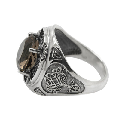 Keltischer Unisex-Ring mit natürlichem Rauchquarz, Silber 925