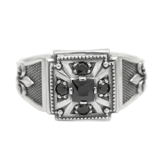 Knight's Cross and Lily Heraldry with Zircons Mens Sterling Silver Ring Signet