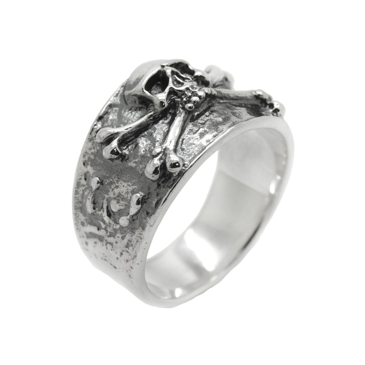 A Huge Skull and Bones Band Mens Silver Ring, Jolly Roger Pirate Ring Men