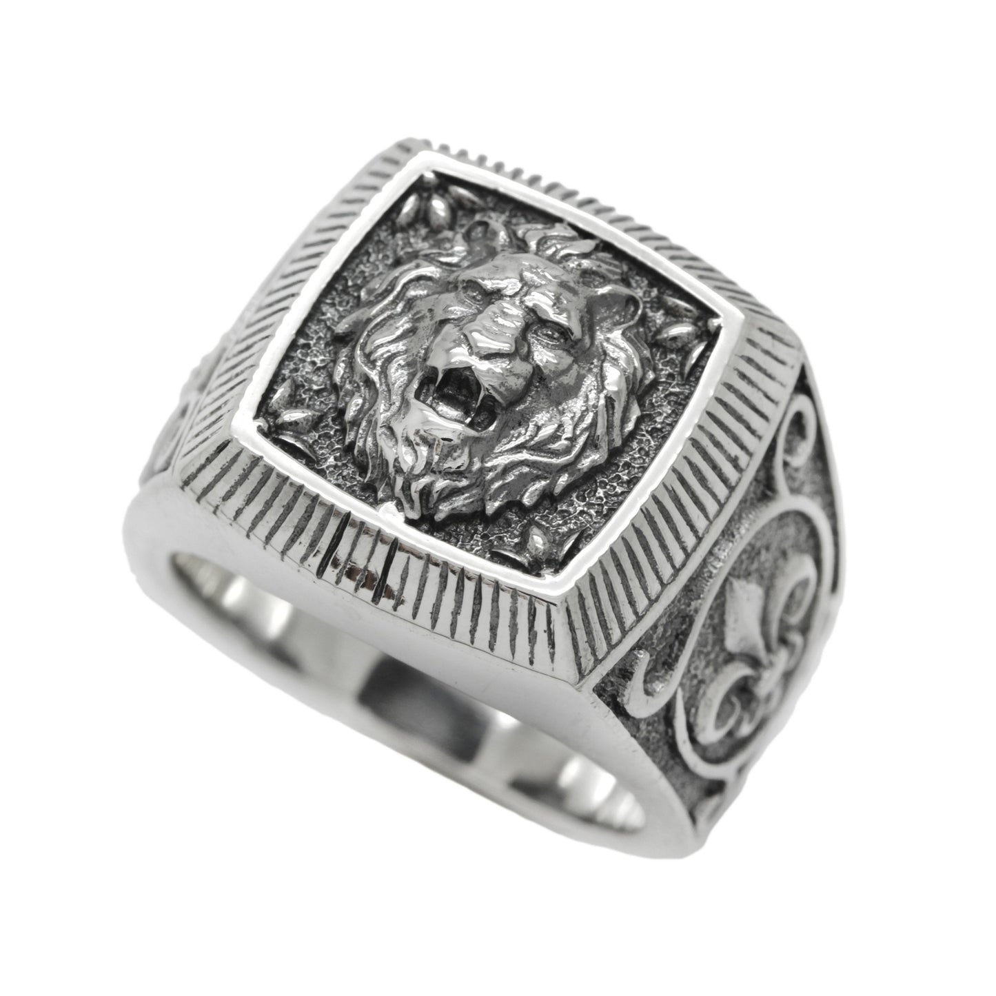 Löwe-Sternzeichen-Heraldik, Fleur-de-lis-Ring für Männer, Löwe-Top-Ring aus Sterlingsilber, quadratisches Siegel