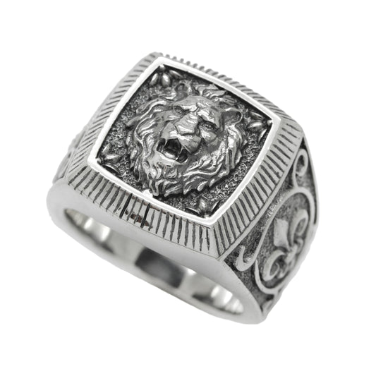 Leo Zodiac Heraldry, Fleur de lis Ring Men, Lion Top Sterling Silver Ring Square Signet