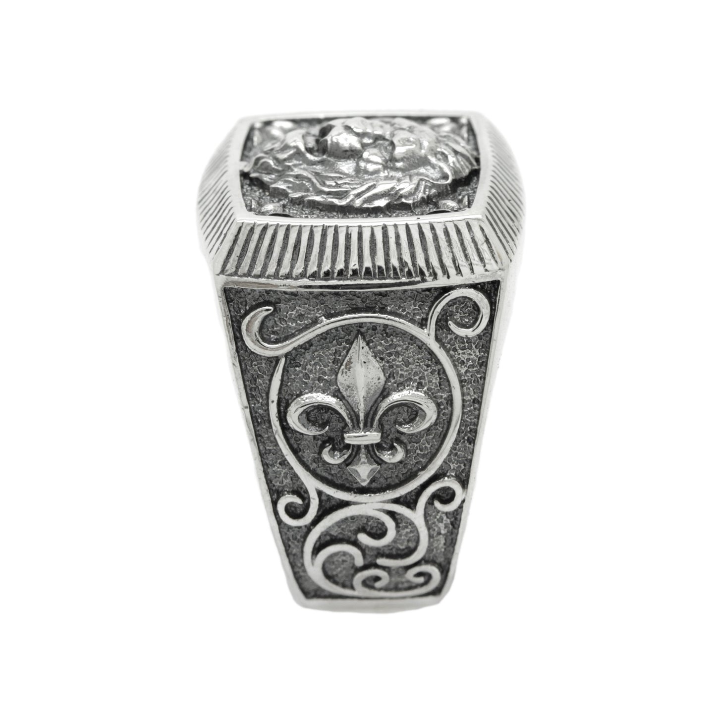 Leo Zodiac Heraldry, Fleur de lis Ring Men, Lion Top Sterling Silver Ring Square Signet