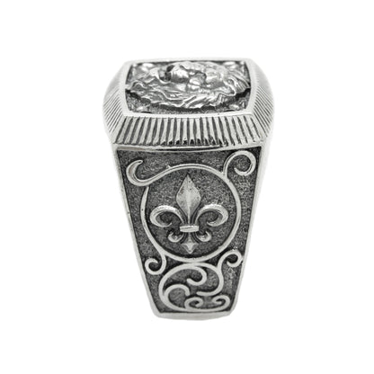 Löwe-Sternzeichen-Heraldik, Fleur-de-lis-Ring für Männer, Löwe-Top-Ring aus Sterlingsilber, quadratisches Siegel