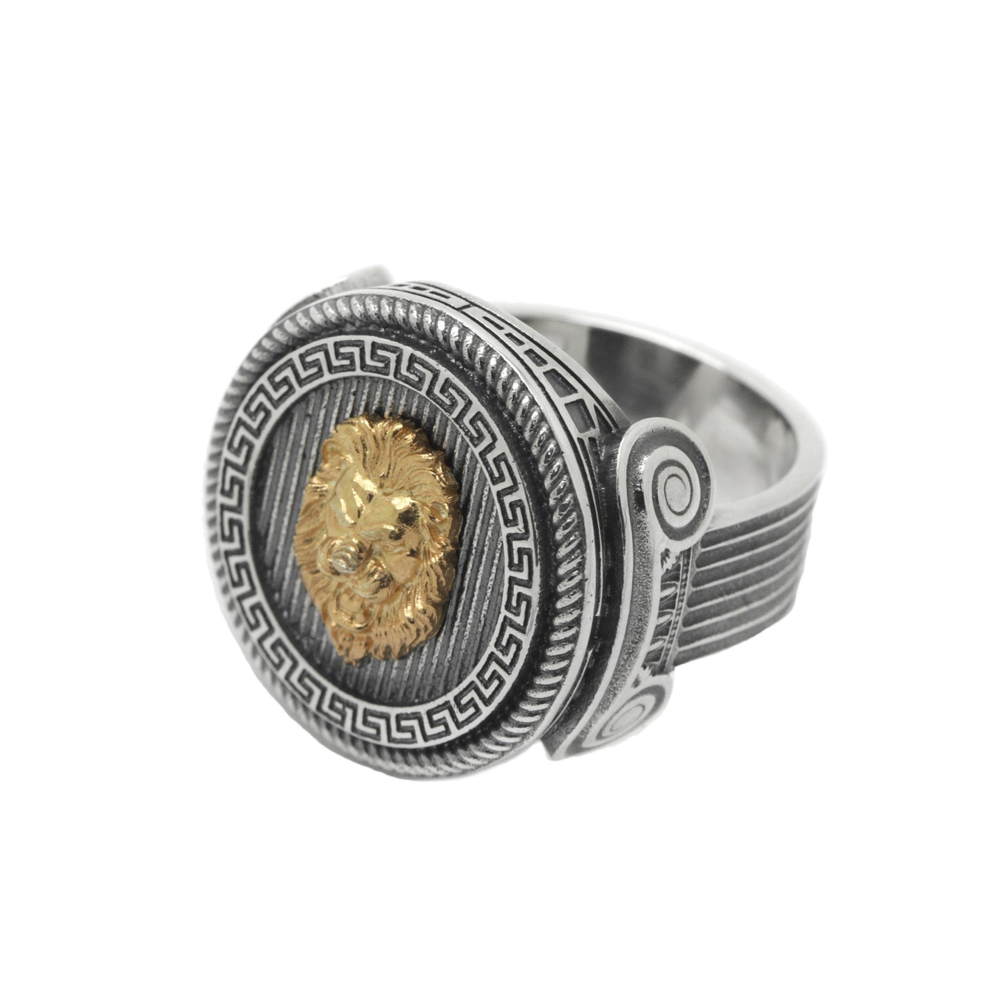 Gold Lion Head with Greek Meander Round Top, Sterling Silver Mens Ring Signet