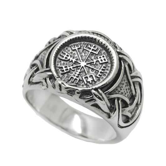 Viking Ring with Vegvisir Runic Compass, Nordic Jewelry Mens Sterling Silver Ring Signet