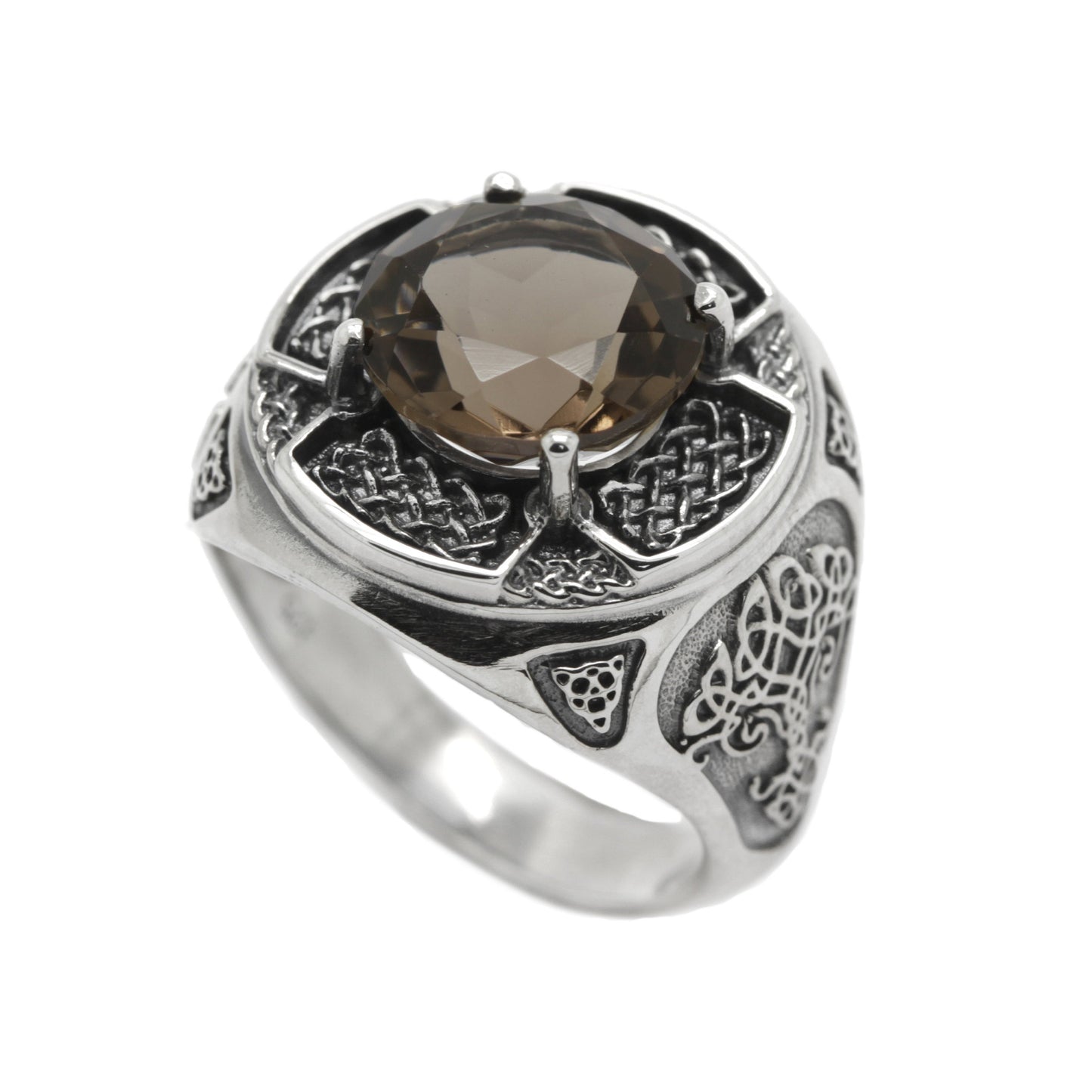 Keltischer Unisex-Ring mit natürlichem Rauchquarz, Silber 925