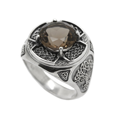 Keltischer Unisex-Ring mit natürlichem Rauchquarz, Silber 925