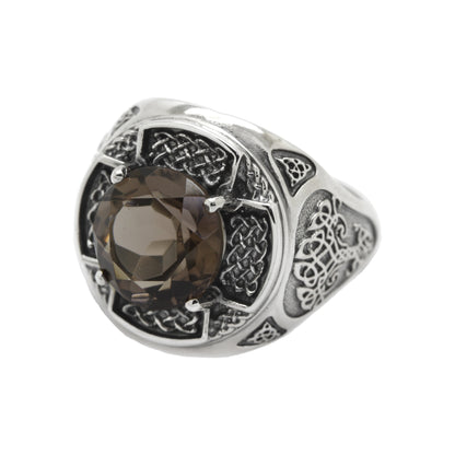 Keltischer Unisex-Ring mit natürlichem Rauchquarz, Silber 925