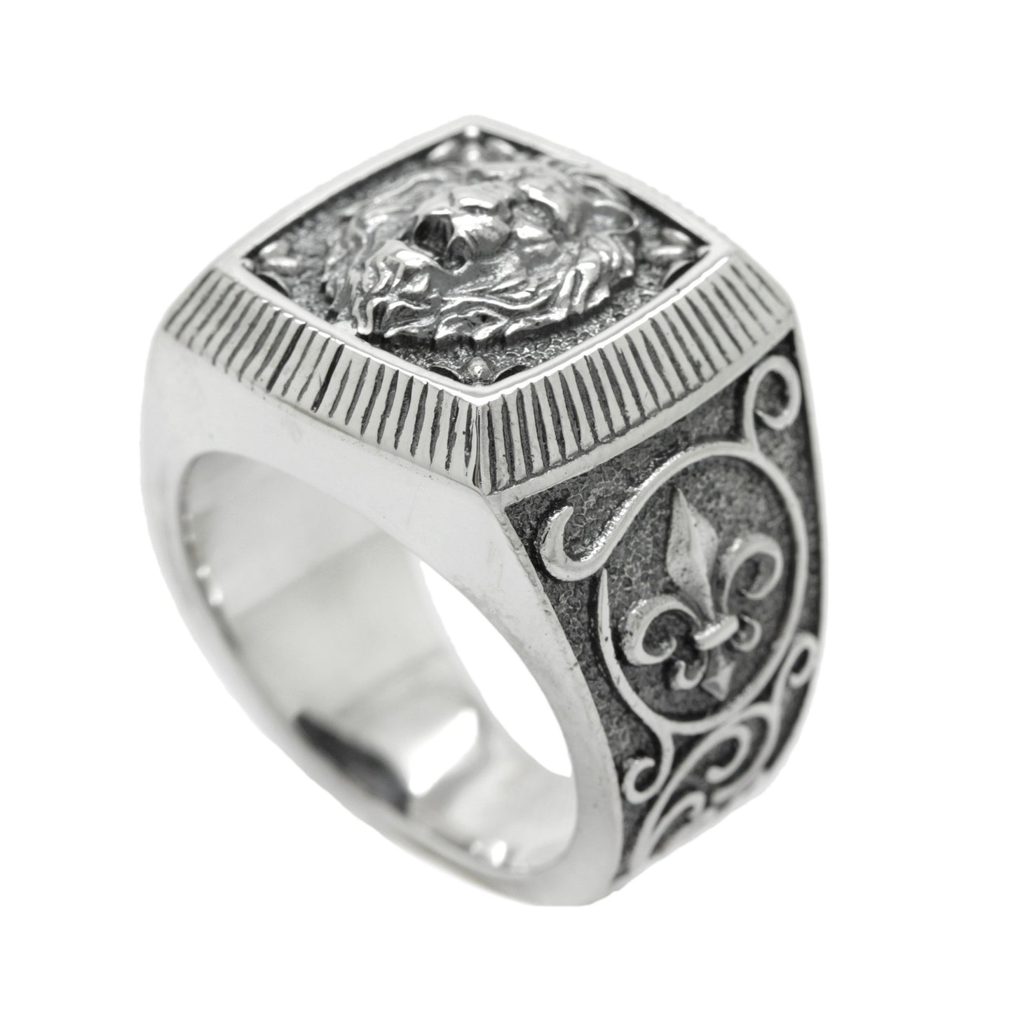 Löwe-Sternzeichen-Heraldik, Fleur-de-lis-Ring für Männer, Löwe-Top-Ring aus Sterlingsilber, quadratisches Siegel