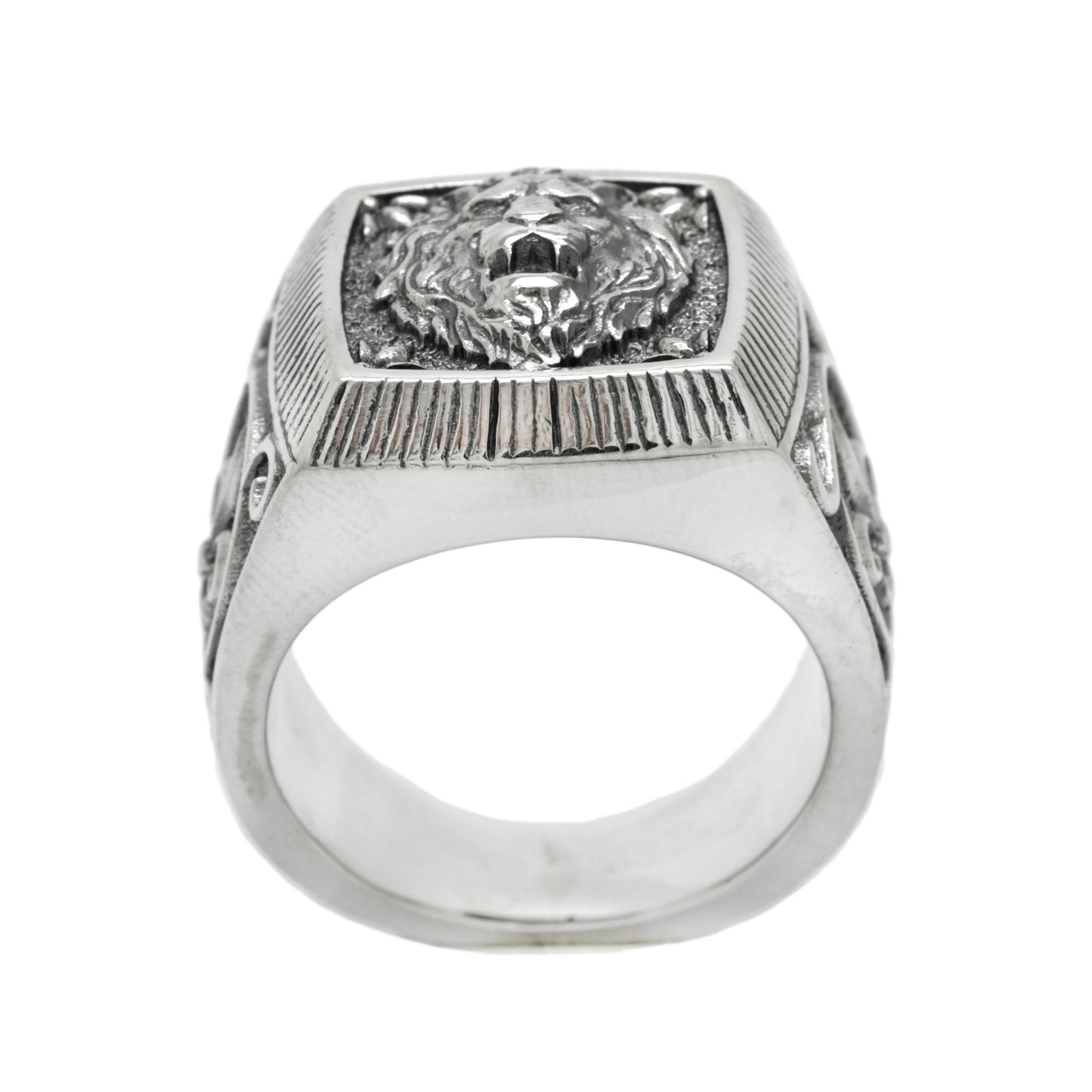 Leo Zodiac Heraldry, Fleur de lis Ring Men, Lion Top Sterling Silver Ring Square Signet