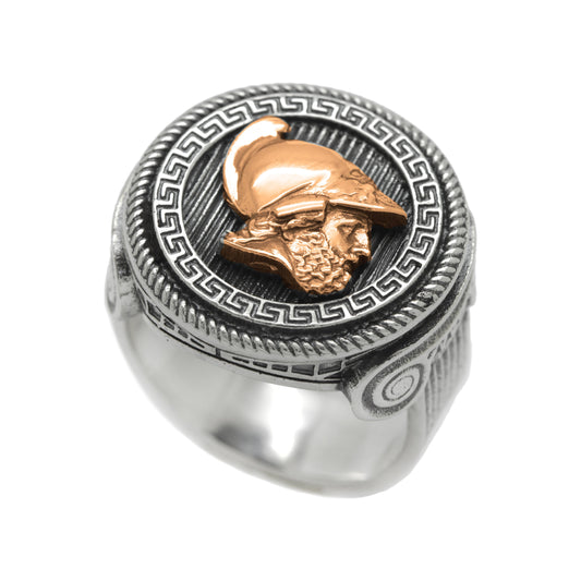 Arés řecký bůh odvahy a války prsten Sterling Silver kulatý top pánský pečetní řecký meandr