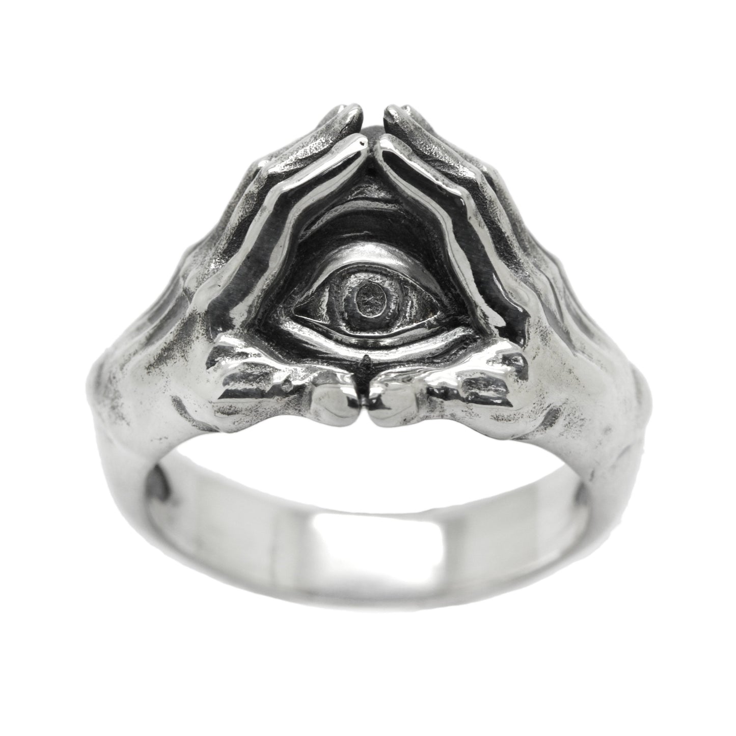 Hands Holding Eye, All Seeing Eye Providence, Freemasonry Delta, Masonic Occult Silver Ring