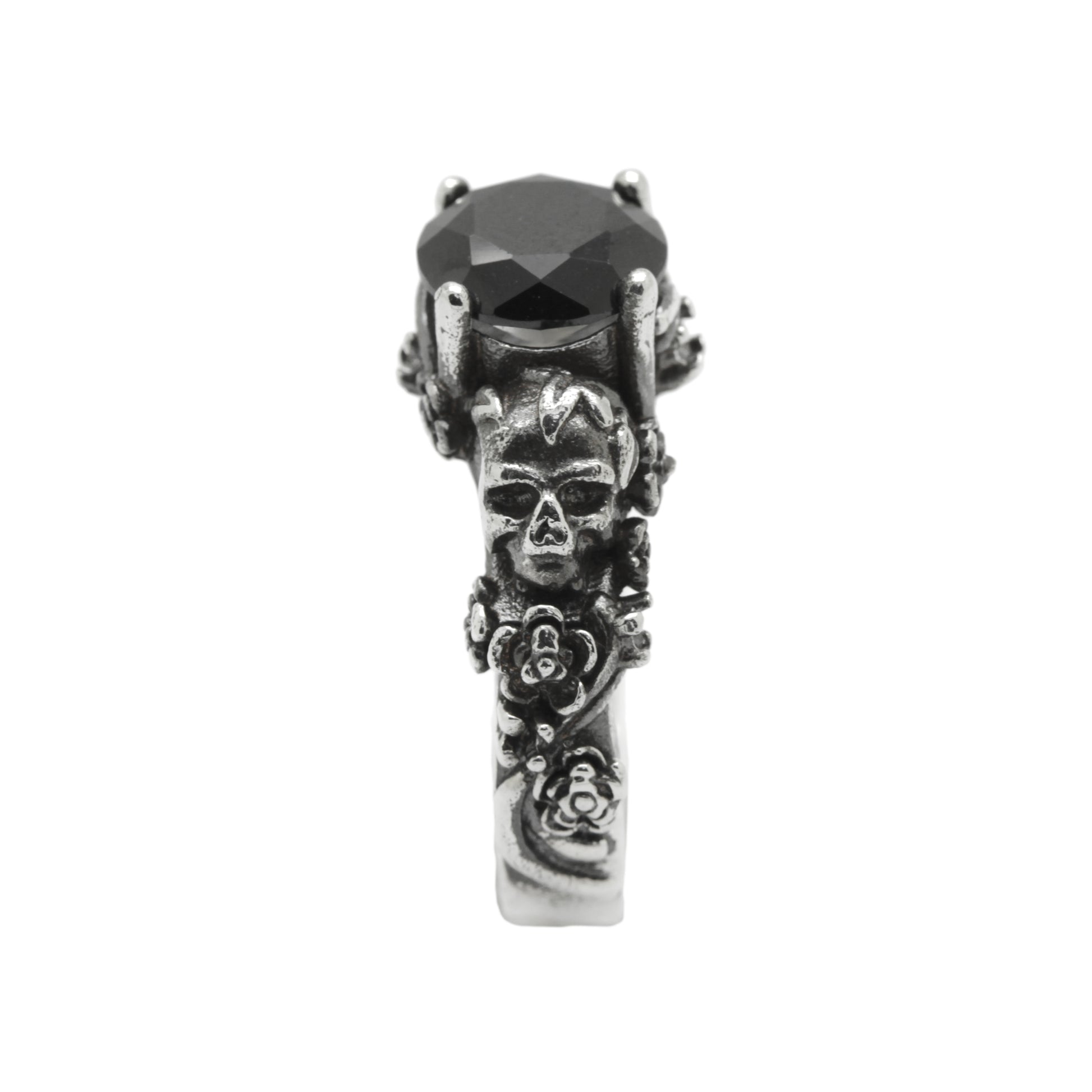 Gothic Skull and Roses, Black Round Gemstone, Skeleton Sterling Silver Ring, Love to Death