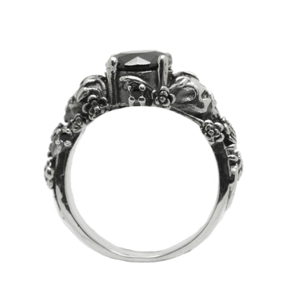 Gothic Skull and Roses, Black Round Gemstone, Skeleton Sterling Silver Ring, Love to Death