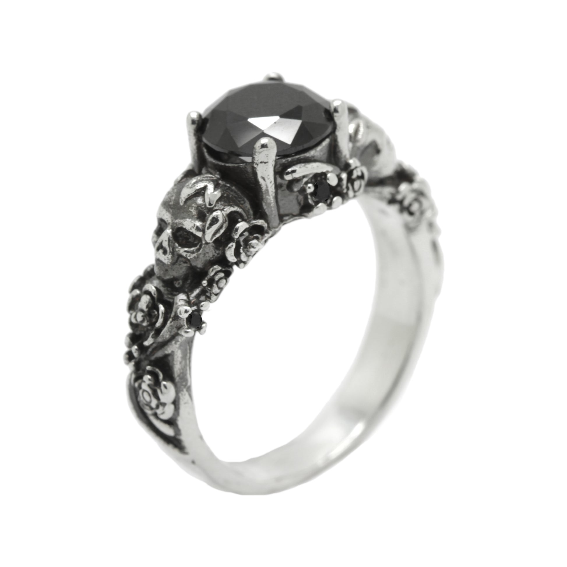 Gothic Skull and Roses, Black Round Gemstone, Skeleton Sterling Silver Ring, Love to Death