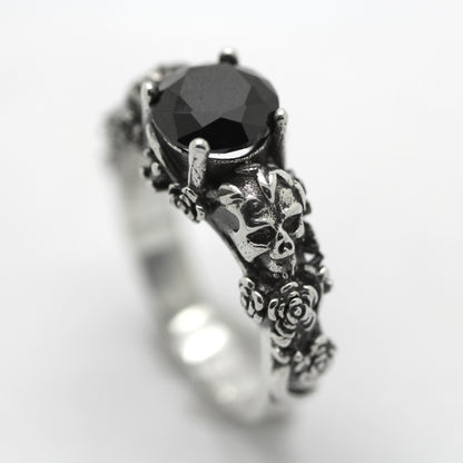 Gothic Skull and Roses, Black Round Gemstone, Skeleton Sterling Silver Ring, Love to Death