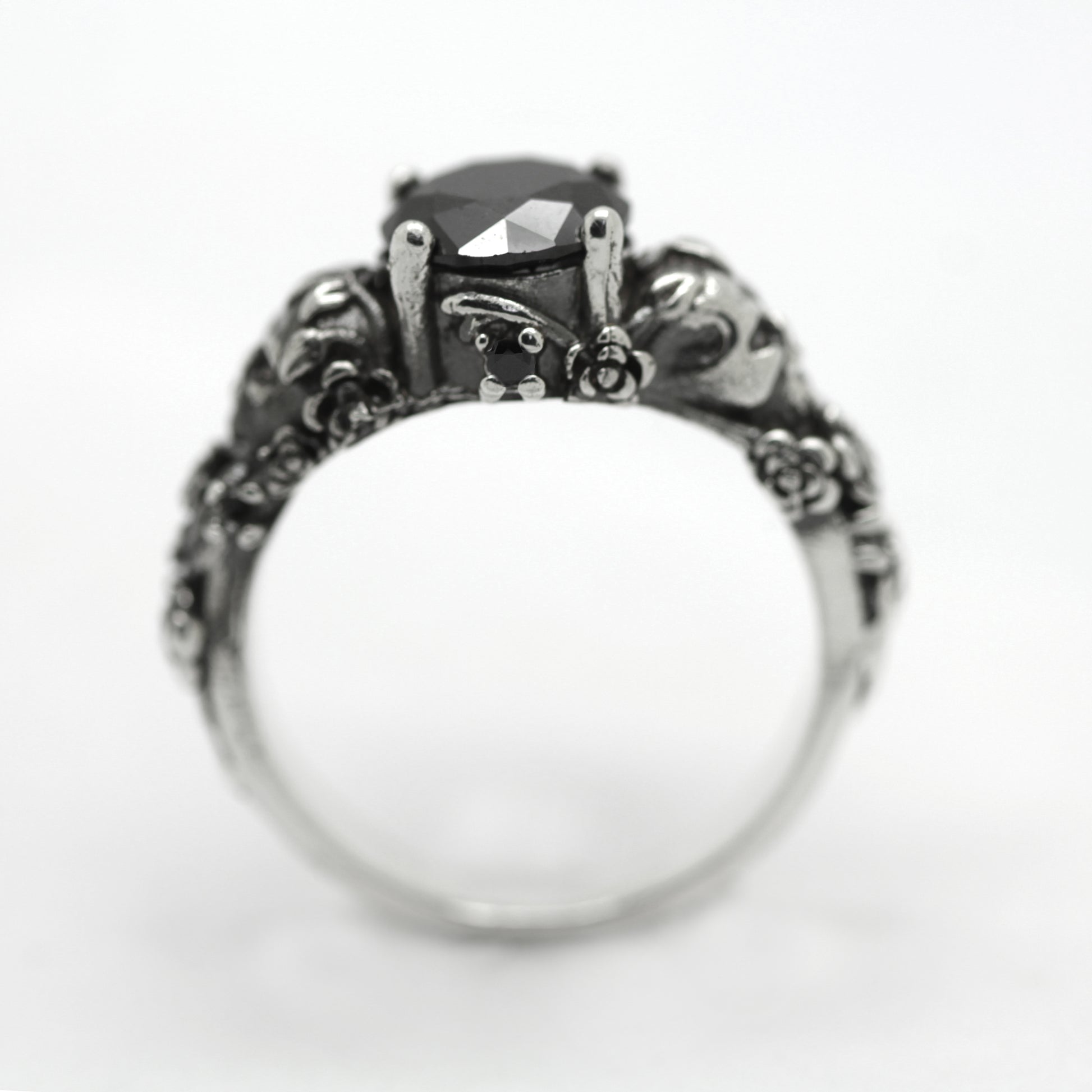 Gothic Skull and Roses, Black Round Gemstone, Skeleton Sterling Silver Ring, Love to Death