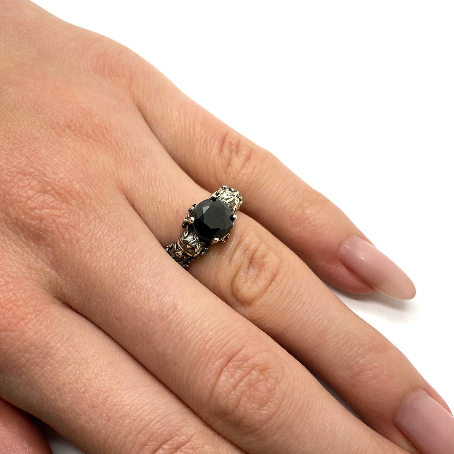 Gothic Skull and Roses, Black Round Gemstone, Skeleton Sterling Silver Ring, Love to Death