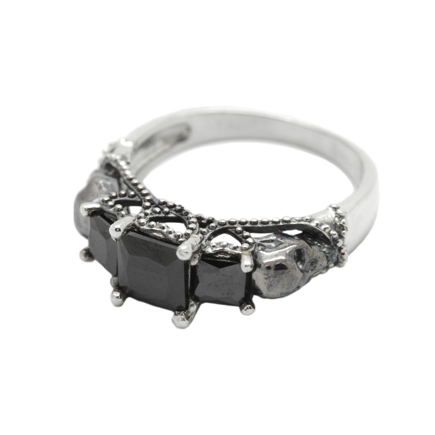 Three Stone Engagement Ring, Black Square Zircons, Gothic Skulls, Skull Wedding ring, Skeleton Simple Ring