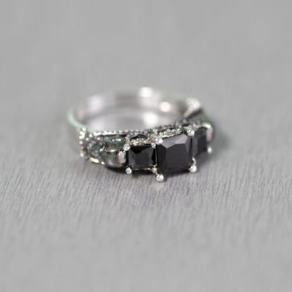 Three Stone Engagement Ring, Black Square Zircons, Gothic Skulls, Skull Wedding ring, Skeleton Simple Ring