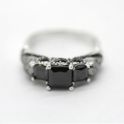 Three Stone Engagement Ring, Black Square Zircons, Gothic Skulls, Skull Wedding ring, Skeleton Simple Ring