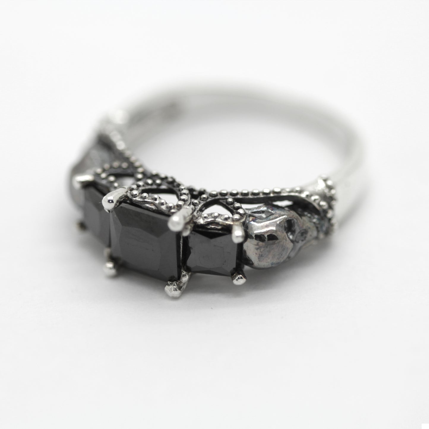 Three Stone Engagement Ring, Black Square Zircons, Gothic Skulls, Skull Wedding ring, Skeleton Simple Ring