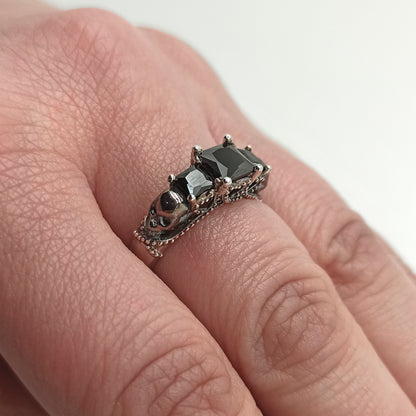 Three Stone Engagement Ring, Black Square Zircons, Gothic Skulls, Skull Wedding ring, Skeleton Simple Ring